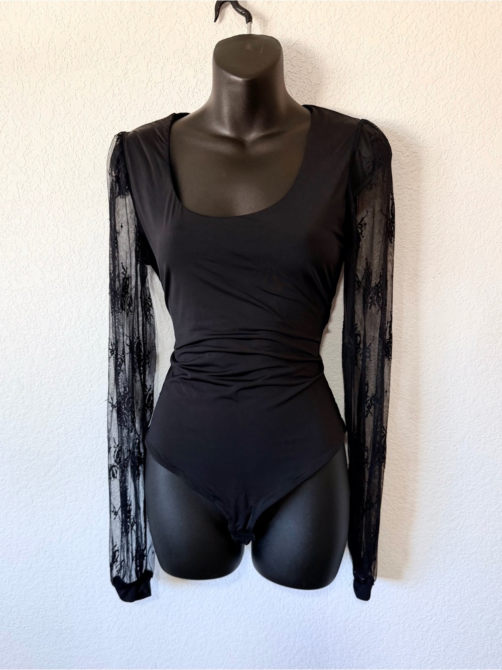 Sheer Lace Sleeve Black Bodysuit for Women